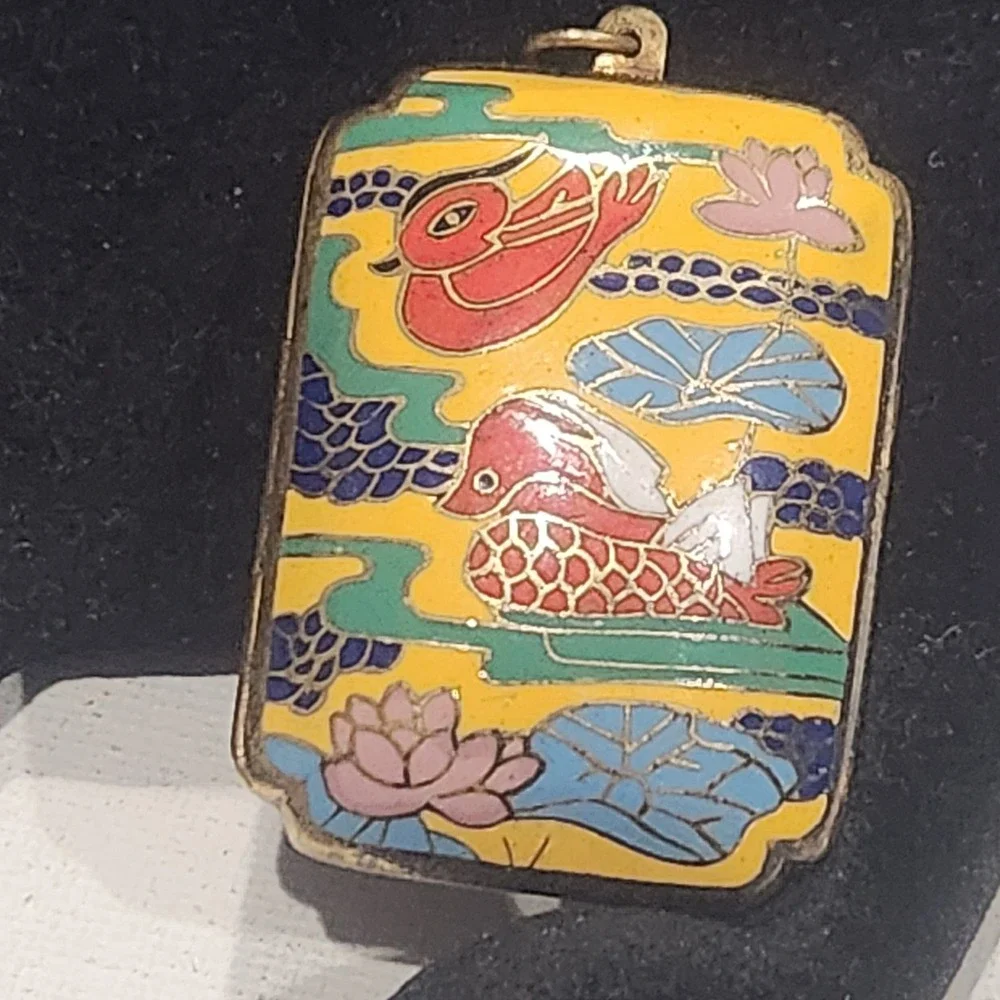 Vintage Cloisonne Locket Pendant Mandarin Duck Lotus Yellow Gold Tone - Picture 1 of 13